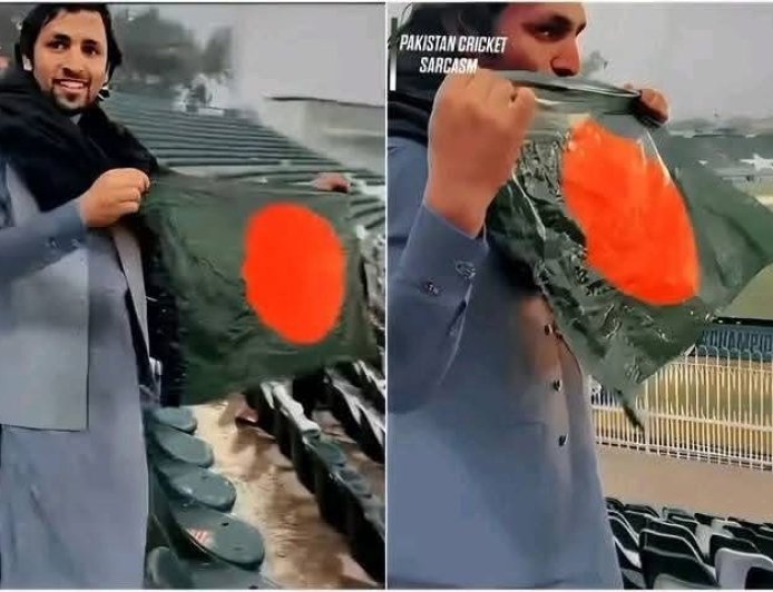 বাংলাদেশের পতাকা ভিজে গেছে পাকিস্তানি যুবকটি এগিয়ে গেল, শ্রদ্ধার সাথে পতাকাটি উত্তোলন করল এবং ভালোবাসার সাথে চুম্বন করল।